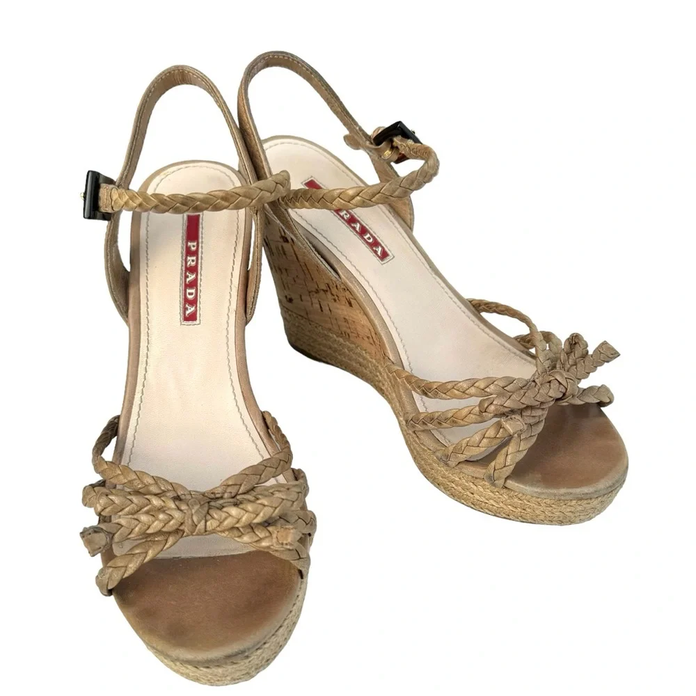PRADA Strappy Sandals Cork Wedges Tan - Picture 13 of 16